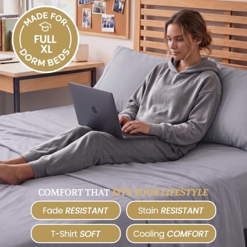 DESTINY CRESCENT BEDDING Full XL 100% Cotton Jersey Knit Sheet Set, 4PC, 15" Deep Pocket, Medium Grey