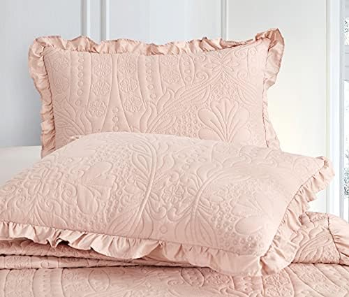CHIXIN Ruffle Skirt Bedspread King Size - 30" Long Drop, Shabby Chic Style, Lightweight Bedding Cover, 3 Piece Set, Chic Layers, Pink