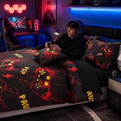 ZRNBAST 6 Pcs Twin Comforter Set for Boys Gamer Bedding Sets for Teens Kids Microfiber Game Console Comforter Set Red Lightning Gaming Bed in a Bag with Sheets(Red,Twin)
