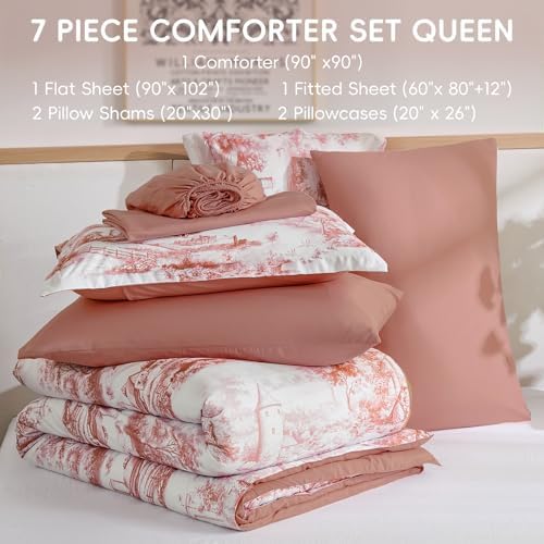 Blush Pink Queen Comforter Set, 7 Pieces Bed in a Bag French Toile Comforter with Sheets, Soft Lightweight Microfiber Botanical Complete Queen Size Bedding Set for All Season