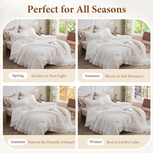 JOLLYVOGUE White Comforters Queen Size, 3 Pieces Ruffle Seersucker Queen Comforter Set for All Season, Lightweight Soft Shabby Chic Bedding Sets for Women(1 Comforter, 2 Pillowshams)