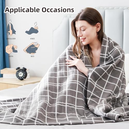 Electric Heated Blanket Queen Size 84"x90", Dual Controllers & Heating Zones, Soft Fleece for Bed, 10 Hs Auto Off & 4 Heating Levels, Machine Washable, Gifts for Womens-Plaid Pattern, Light Gray