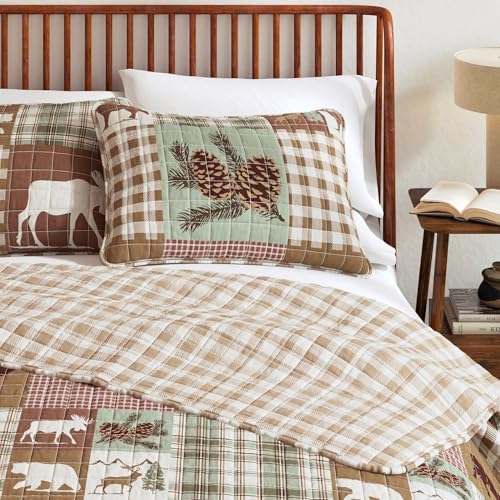 Great Bay Home Lodge Quilt Set - 2-Piece Twin/Twin XL Size Rustic Bedding Set - Lightweight, All-Season, Reversible Bedspread (Hemlock Green/Brown)
