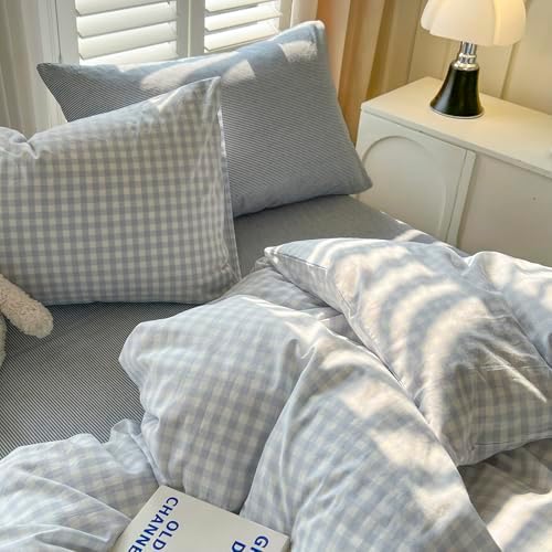 mixinni Light Blue Gingham Duvet Cover Set Queen Size - 100% Washed Cotton 3 Piece Plaid Checkered Bedding Set, Soft Comfy Grid Farmhouse Comforter Cover with Zipper Closure & Corner Ties