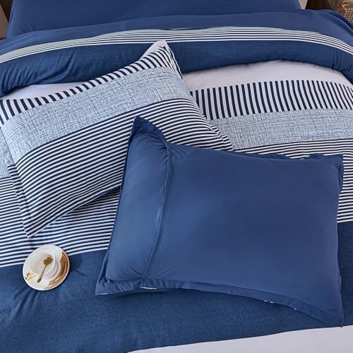 Cottolester Full Size Comforter Navy Blue Striped Comforters for Boys&Girls,7 Pieces Bed in A Bag Simple Neutral-Style Bedding Sets for Kids Teen