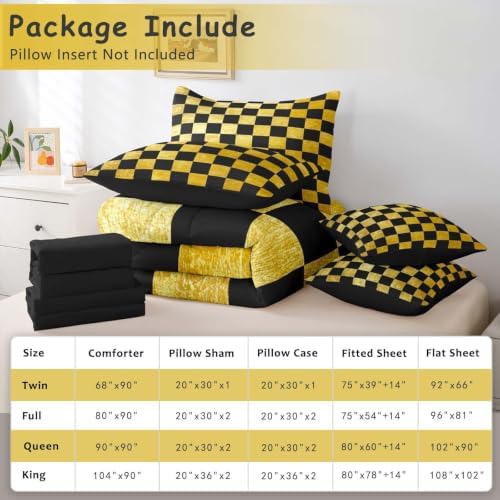 Checkered Retro Comforter Set With Sheets 7 Piece King Size Golden Black Plaid Bed in a Bag Kids Boys Girls Geometric Vintage Bedding Set Modern Simple Groovy Aesthetic Bedroom Decor Breathable Soft