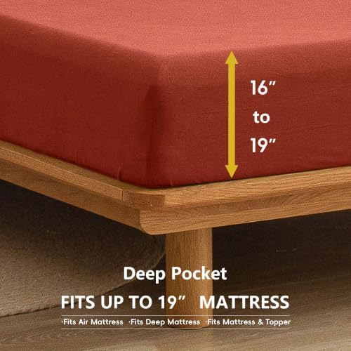 BESTOUCH Sheet Set 100% Washed Cotton Linen Feel Super Soft Comfortable Chic Lightweight 4 Pcs Home Bedding Set Solid Burnt Brick Red Queen