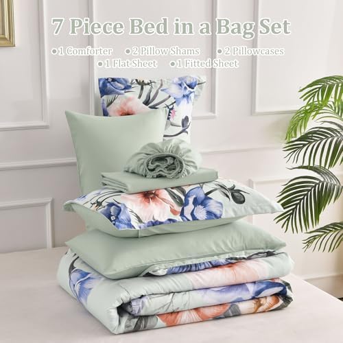 Luxudecor Floral Comforter Set Queen Size 7 Piece, Green Flower Bed in a Bag, Elegant Floral Comforter with Sheet Set, Soft Microfiber Bedding Set for All Season (Green, 90"x90")