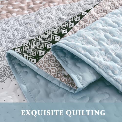 WONGS BEDDING Boho Quilt Queen Size, Patchwork Bedding Set, Blue Brown
