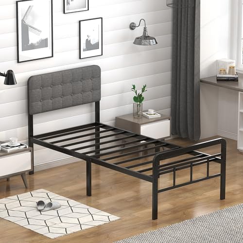 EMODA 16 Inch Twin Size Bed Frames with Upholstered Headboard and Metal Footboard, Heavy Duty Metal Slats Support Mattress Foundation, No Box Spring Needed, Easy Assembly