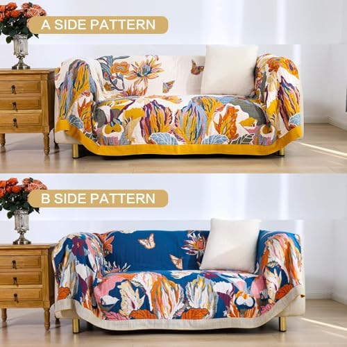 VANJOROY King Extra Large Boho Throw Blanket Oversized 91" x 108", 100% Organic Cotton Soft Bed Throw - Floral Bird Butterfly Pattern Farmhouse Blanket for Couch Sofa Chair and Gift.