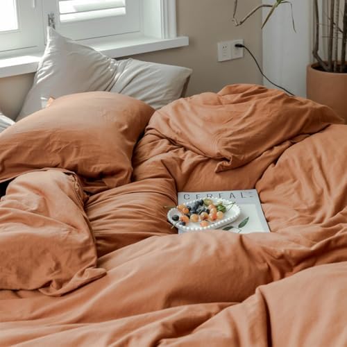 LifeTB Terracotta Burnt Orange Duvet Cover Set Queen Jersey Knit Duvet Cover 100% T-Shirt Cotton Comforter Cover Caramel Rust Color Bedding Set Boho Pumpkin Orange Comforter Cover with Zipper Closure