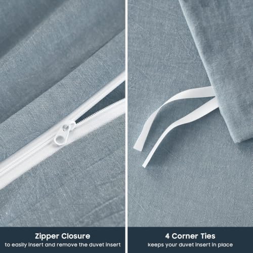 Wake In Cloud - Cotton Duvet Cover Set, 100% Washed Cotton, Linen Like Textured, Breathable Durable Comfy Farmhouse Neutral Bedding Set, 3 Pieces, Light Denim Blue, Twin/Twin XL Size