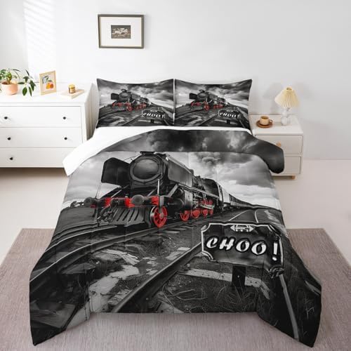 Retro Kids Comforter Set - Full Size, Black & Red Train Car Bedding Set - Vintage 3D Train Duvet Insert, 2 Pillowcases