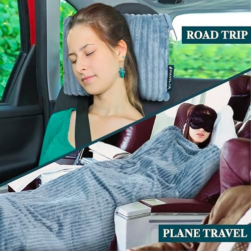 PAVILIA Travel Blanket Pillow, Soft Ribbed Fleece Airplane Blanket, Blue