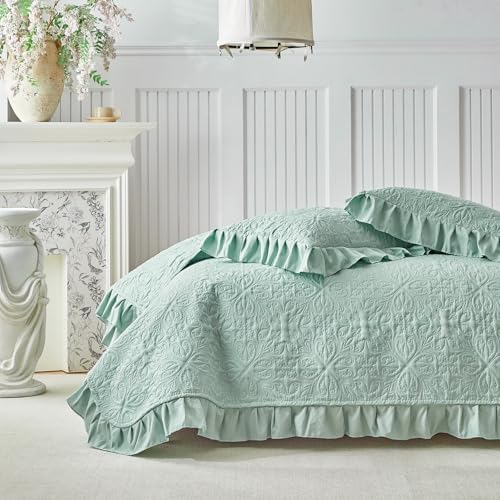 Ruffles Quilt Set King Size 96 * 108 in - 3 Pieces Solid Shabby Chic Farmhouse Ruffled Bedding Rustic Coverlet Lightweight Fluffy Summer Oversized Bedspread with Shams for Women Men Light Green