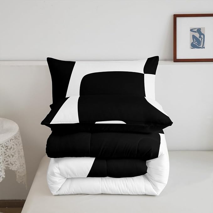 Erosebridal Black and White Abstract King Bedding Set Boho Geometric Striped Comforter Set for Adult Women Men Minimalist Modern Art Bed Collections Simple Aesthetic Modern Duvet Quilt Sets