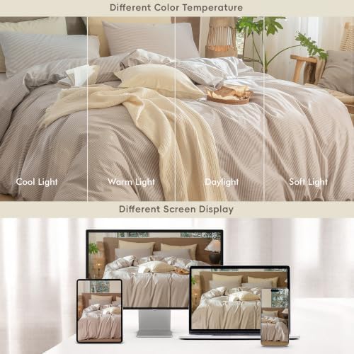 MooMee Striped Duvet Cover Set 100% Washed Cotton Linen Like Queen