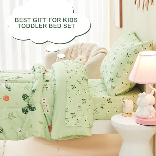 Mooreeke Toddler Bedding Sets for Girls, 4 Pieces Green Butterfly Printed