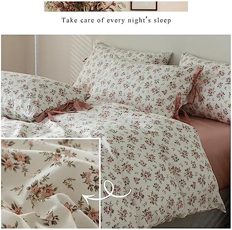 mixinni Vintage Style Girls Pale Pink Flower Pattern Duvet Cover King Soft Aesthetic Floral Cotton Bedding Set 1 Duvet Cover with 2 Bow Tie Pillowcases for Teen Girl Cute-King Size