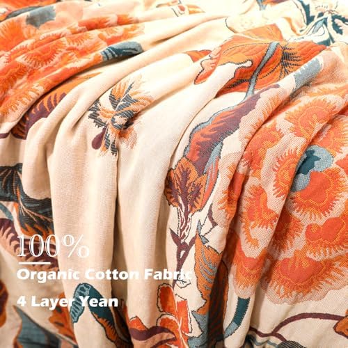 VANJOROY Boho Large Throw Blanket, 100% Organic Cotton Breathable Soft Bed Throw - Floral Bird Farmhouse Decor Blanket for Sofa Couch Chair Quilt and Gift. 91" x 98"- Beige