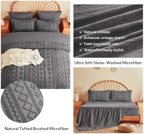 MR&HM 7 Pieces Comforter Set Full, Tufted Boho Farmhouse Bed Set Dark Grey