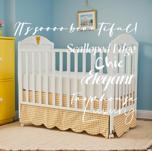 Brandream Scallop Edge Cotton Crib Skirt, Baby Boy, Baby Girl, Gender Neutral Crib Skirt Toddler Bedskirt Farmhouse Chic Nursery Crib Bed Skirt, Boho Bohemian Solid Yellow Gingham