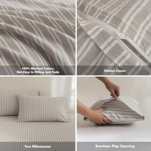 FOSSA Striped Duvet Cover Set 100% Washed Cotton Linen Feel Queen