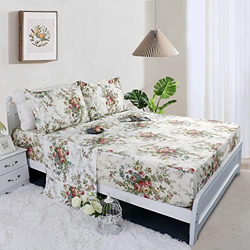 FADFAY Sheet Set Cal King Vintage Rose 100% Cotton Hypoallergenic White and Grey Deep Pocket Fitted Sheet 4-Pieces Cal King