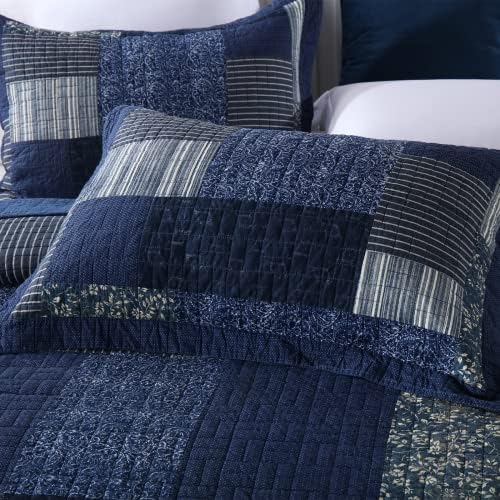 Yvooxny Quilt Set California King 3-Piece Quilt Set Plaid Floral Patchwork Quilts Cotton Quilted Bedspread with Pillowcases for All Seasons, Azure Blue, 118x110 Inches