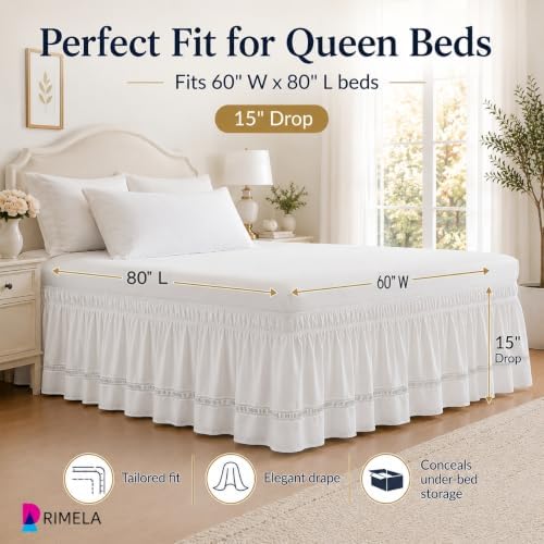 White Jacquard Bed Skirt Queen 16" Drop, Elastic Wrap Around Bedskirt