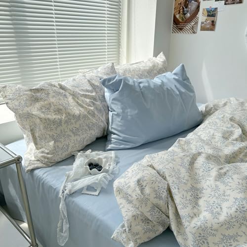 mixinni Blue Floral Duvet Cover Twin Size - 100% Cotton Soft Boho Comforter Cover with Zipper Closure 4 Ties, 3-Piece Vintage Aesthetic Botanical Bedding Set with 2 Pillowcases, All Season Bed Set