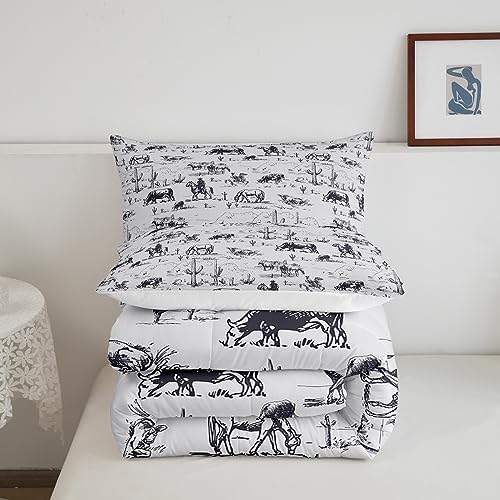 Feelyou Western Comforter Set Toddler Size, White and Black Cowboy Cow Bedding Set Cowboy Comforter Desert Cactus Duvet Set Soft Bed Set 2Pcs
