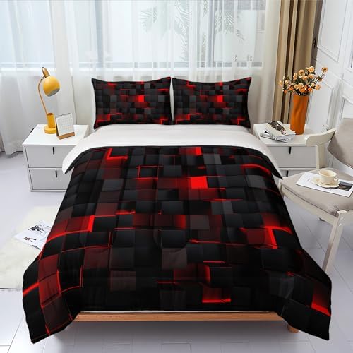 Nttopship Geometric Red Black Comforter Set,Light Honeycomb 3 Piece Bedding Set Twin for Teen Boys,Modern Bedding Quilt Set Geometry Decor,Microfiber Lightweight 1 Comforter 2 Pillowcases All Season