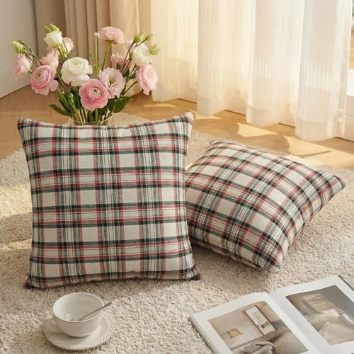 AVOIN colorlife Spring Summer White Red Green Plaid Decorative Throw Pillow Covers, 18 x 18 Inch Holiday Scottish Tartan Cushion Case Farmhouse Decoration for Sofa Couch Set of 2