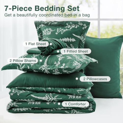MUXHOMO Emerald Green Full Comforter Set, Elegant Floral Print Bed in a Bag 7 Pieces, Ultra Soft & Breathable Reversible Botanical Pattern Bedding Set with Comforter, Sheets, Pillowcases, and Shams