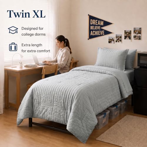 CozyLux Twin XL Comforter Set, 5 Pieces Light Grey Seersucker Bed in a Bag