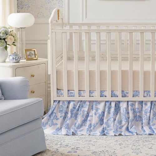 Brandream Organic Cotton Crib Skirt Dust Ruffle, Baby Girl Crib Bed Skirt, 4-Sided, Luxury French Vintage Blue Rose Floral & Bow Cottagecore Toddler Bedskirt Farmhouse Chic Nursery Bedding Skirt
