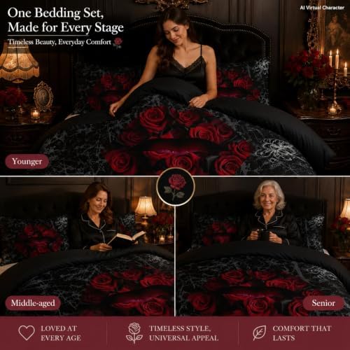 CCoutueChen Gothic Rose Lip Comforter Set Queen, Black Grey Marble Bedding