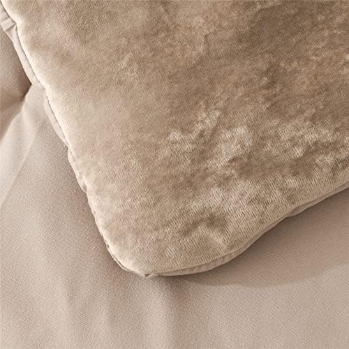 Fredsure Distressed Velvet Comforter Set, 5 Pieces Khaki Queen, Distressed Velvet Face and Brushed Microfiber Reverse