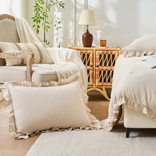 FUANNA King Size Comforter Set, Ruffle Bedding Set, 3 Pieces Bed Set, Beige