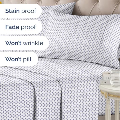 Cal King 4 Piece Floral Sheet Set - Soft, Breathable & Cooling - Coastal