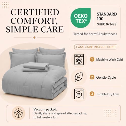 CozyLux Full Size Comforter Set Light Grey, 7 Pieces Bed in a Bag