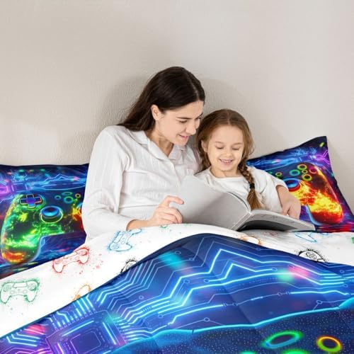 Erosebridal 3D Modern Gamer Comforter Set Gamer Controller Full Size Bedding Sets for Tween Boys Girls Geometric Neon Gaming Comforter Video Game Consoles Bed Set,Boys Room Decor