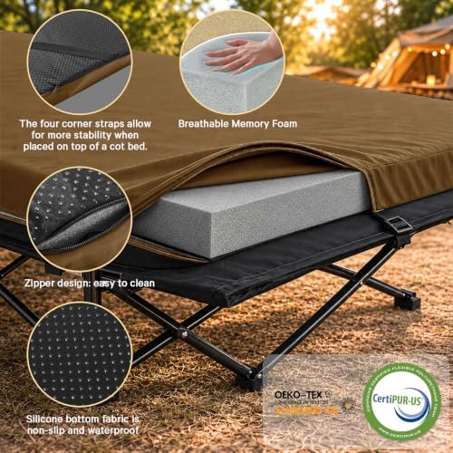 CYMULA Camping Cot Pad 2 Inch Memory Foam, Pad Only,Camping Pad for Folding Cot and Foldable Cot, Portable Roll Up Camp Gear for Car Camping Travel Tent, Non-Slip Waterproof Bottom, Removable Cover