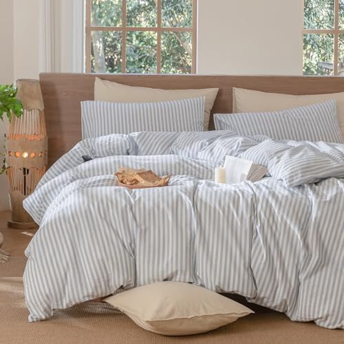 MooMee Striped Duvet Cover Set 100% Washed Cotton Linen Like Super King