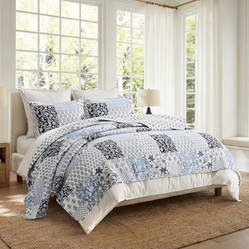 EverGrace 100% Cotton Patchwork Quilt Set, Queen Size, Coastal Blue 96"×92"