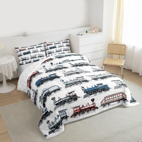 Feelyou Retro Train Comforter Set Toddler Size Vintage Steam Engine Train Bedding Set for Kids Boys Girls Transport Vehicle Duvet Quilt Bedroom Decor Microfiber 2 Pcs with 1 Pillow Cases