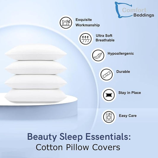 Comfort Beddings Queen Pillowcases Set of 4 – 100% Organic Cotton, 600 Thread Count Sateen, Soft & Comfy Pillow Covers with Envelope Closure, White, Queen Size 20 x 30 Inches