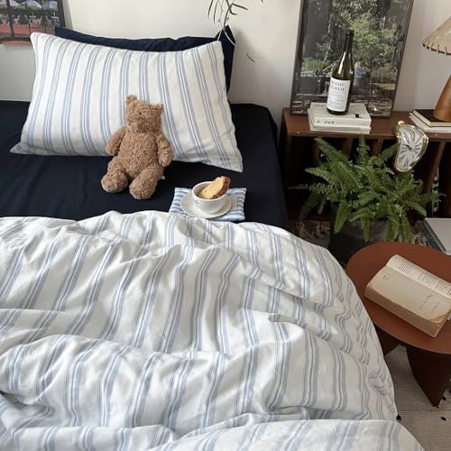 mixinni Vintage Blue & White Striped Duvet Cover Set - 3 Piece 100% Washed Cotton Queen Size Bedding | Minimalist Relaxed Style | Ultra Soft Breathable, with Zipper Closure & Corner Ties-Queen Size